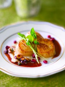 Seared Sea Scallop with Toasted Hazelnut Pomegranate Brown Butter Sauce